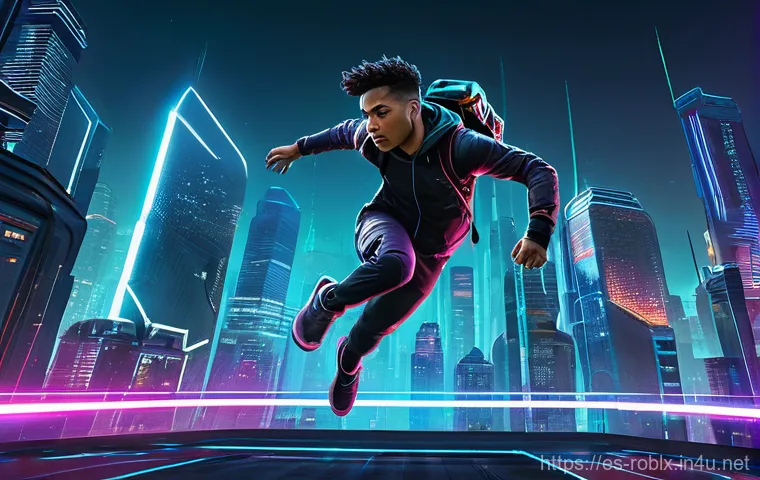 로블록스 스피드런 공략법 - **Dynamic Speedrun Jump:** A highly athletic, stylized speedrunner character, clearly wearing a form...
