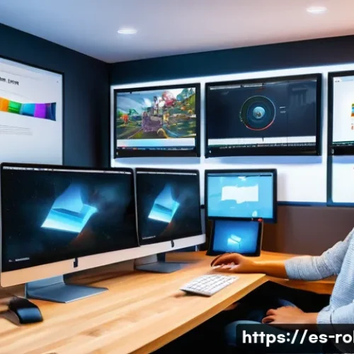 로블록스 게임 제작 단계별 가이드 - A detailed digital illustration of a Roblox game development workspace, showing a young Hispanic dev...