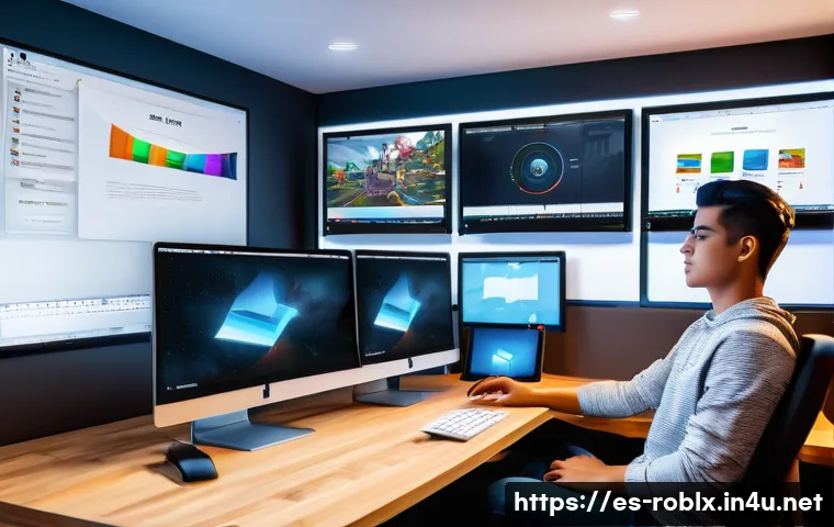 로블록스 게임 제작 단계별 가이드 - A detailed digital illustration of a Roblox game development workspace, showing a young Hispanic dev...