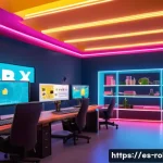 로블록스 개발자 프로그램 소개 - A vibrant digital workspace featuring a diverse group of creators collaboratively building a Roblox ...