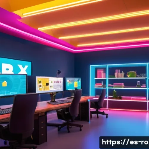 로블록스 개발자 프로그램 소개 - A vibrant digital workspace featuring a diverse group of creators collaboratively building a Roblox ...