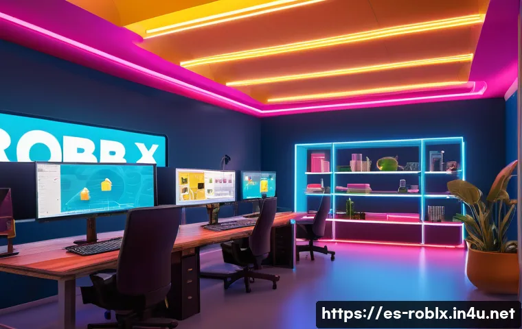로블록스 개발자 프로그램 소개 - A vibrant digital workspace featuring a diverse group of creators collaboratively building a Roblox ...