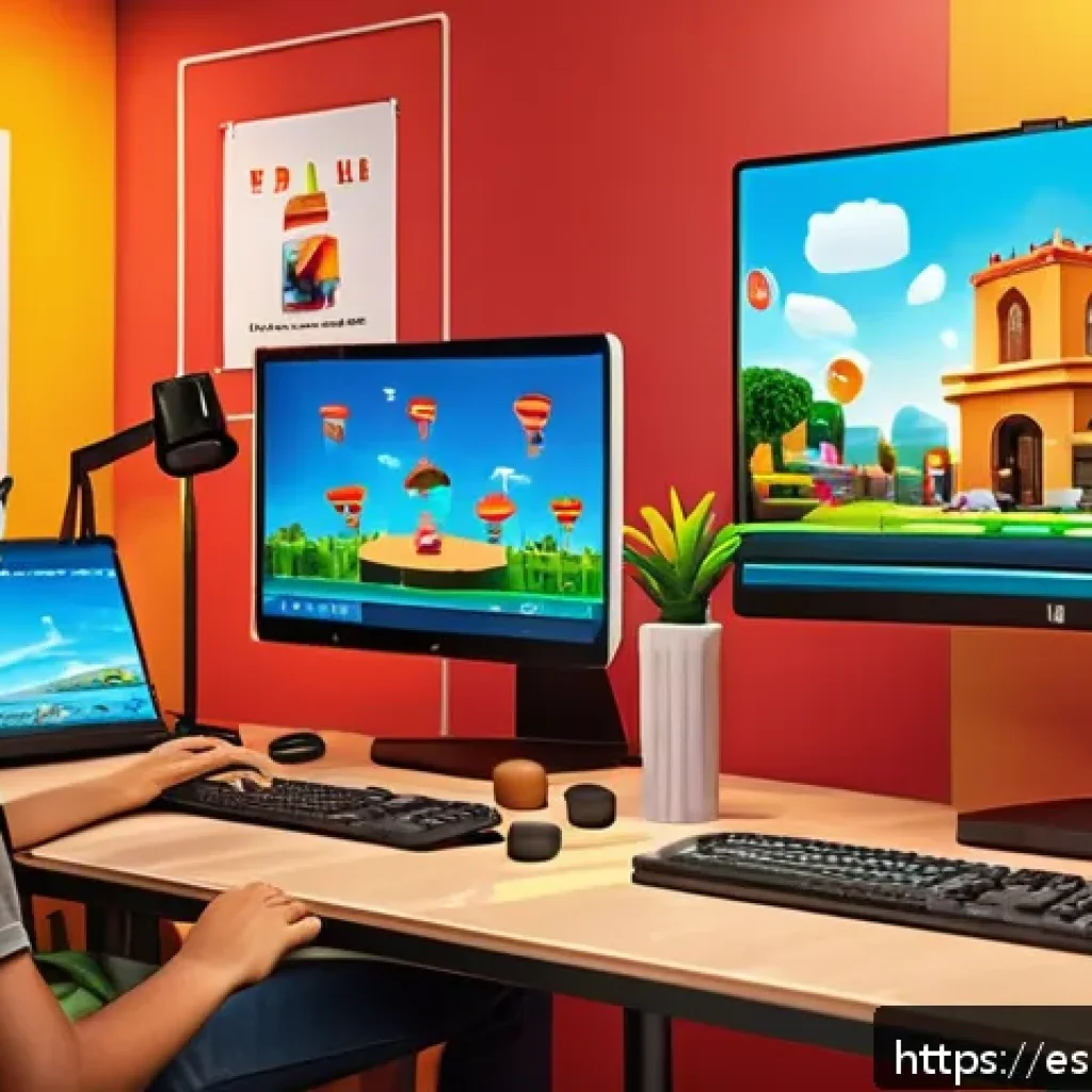 로블록스 로벅스 벌기 전략 - A vibrant and colorful Roblox game development studio scene, featuring a diverse group of young Span...