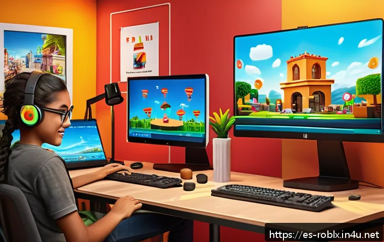 로블록스 로벅스 벌기 전략 - A vibrant and colorful Roblox game development studio scene, featuring a diverse group of young Span...