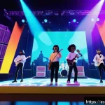 로블록스 유저 연령대 및 통계 - A vibrant virtual concert scene inside Roblox featuring young adult avatars enjoying a live music ev...