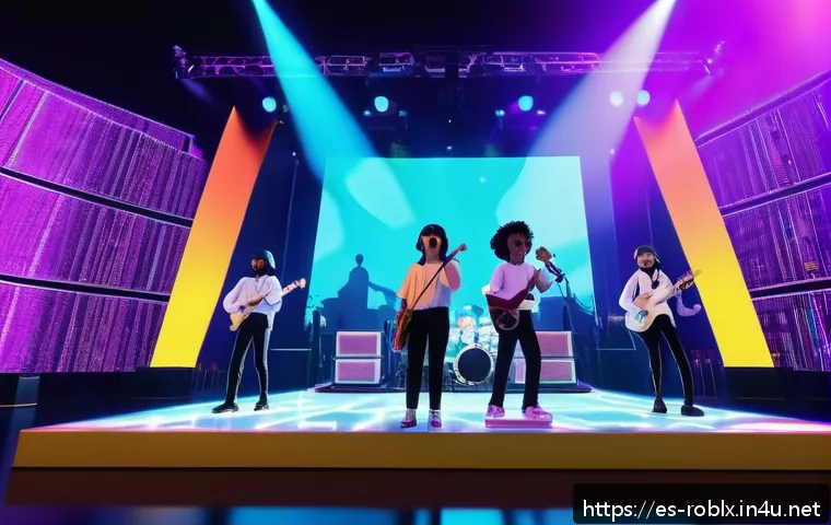 로블록스 유저 연령대 및 통계 - A vibrant virtual concert scene inside Roblox featuring young adult avatars enjoying a live music ev...